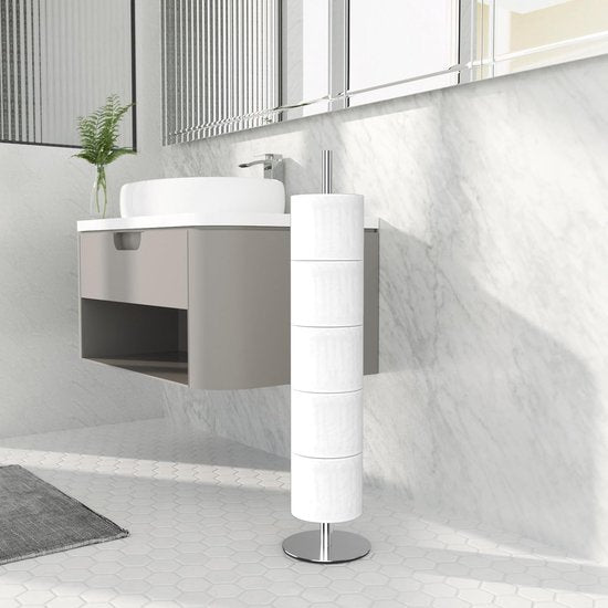Staande toiletpapierhouder en vervangende rolhouder, opslag van toiletpapier, gemaakt van roestvrij staal, roestvrij, vrijstaand, mat voor badkamer, met scheidingsplaat voor waterbescherming