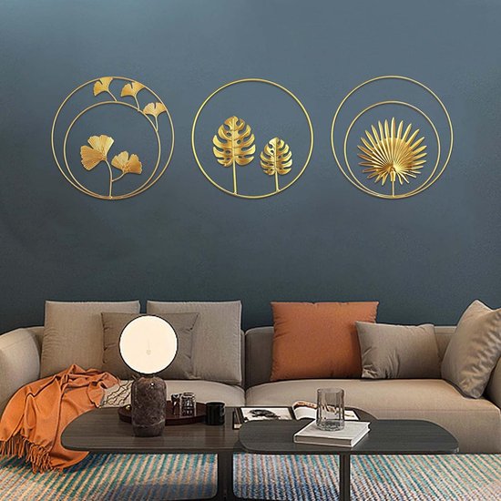 3 stuks wandsculpturen gouden wandafbeeldingen 3D wanddecoratie deco goud woonkamer rond ornament wandbehang metaal wanddecoratie voor slaapkamer gang kantoor decoreren (met 5 naadloze nagels)