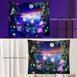 Blacklight Mushroom wandtapijt, melkweg, maan, wandtapijt, uv-reactieve poster, plant, landschap, wandtapijt, vlinder, esthetisch wandkleed voor slaapkamer, woondecoratie