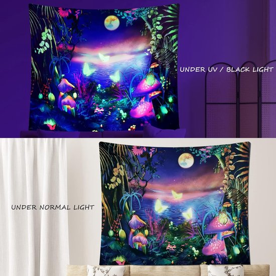 Blacklight Mushroom wandtapijt, melkweg, maan, wandtapijt, uv-reactieve poster, plant, landschap, wandtapijt, vlinder, esthetisch wandkleed voor slaapkamer, woondecoratie