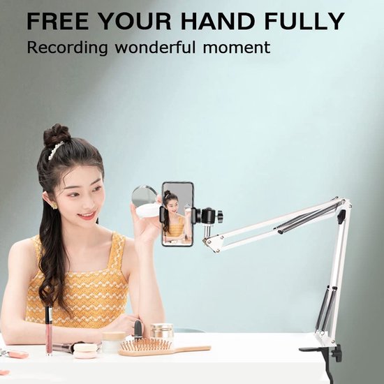 Mobiele telefoon gelede armsteun, webcamstandaard, schaarstatief met smartphoneklem en 1/4" schroef lange mouw mobiele telefoonhouder gelede armsteun (wit)