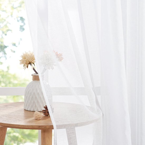 Witte gordijnen, woonkamergordijnen, ruchesband, set van 2, H 245 x B 140 cm, transparant, balkondeurgordijn