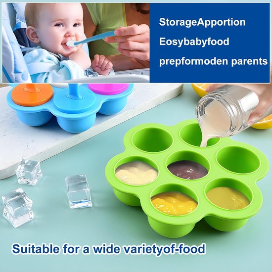 Siliconen babyvoedingcontainers 4-pack 7 compartimenten x 40 ml met 2 siliconenlepels voor eenvoudige zelfgemaakte voedselopslag BPA-vrij groen + blauw
