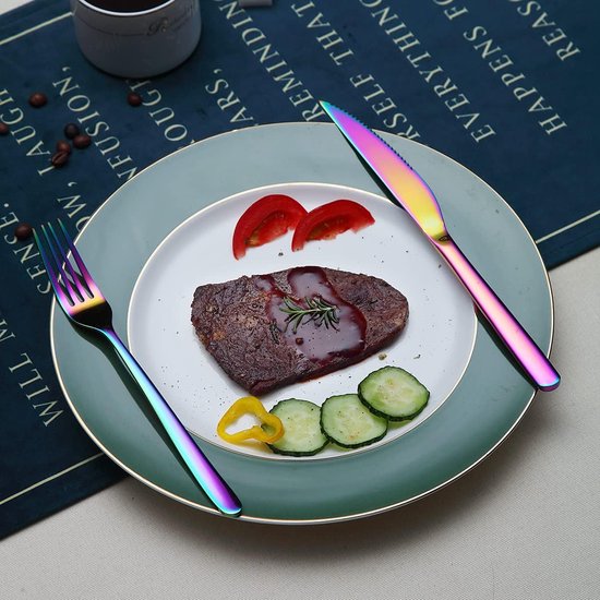 Bestekset, 12-delig, premium roestvrij staal, 6 tafelvorken en 6 tafelmessen, steakvorken voor 6 personen, vaatwasmachinebestendig (glanzend bont)