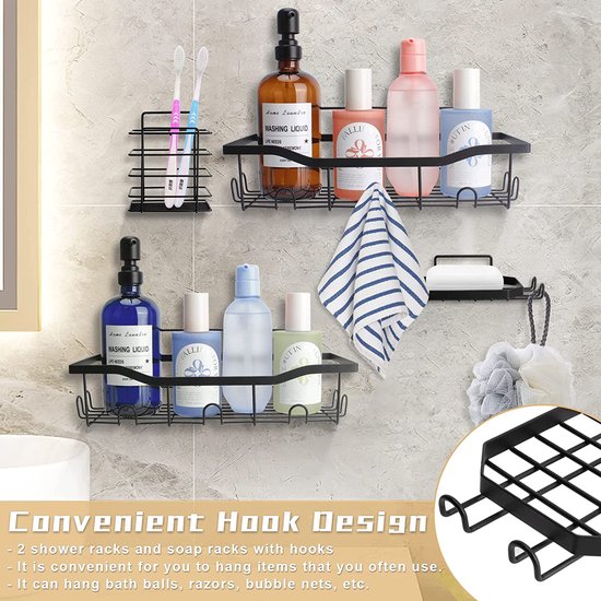 Doucheplank gezoneerde boringen, set van 4, zwart, met zeewering en bevestiginghouder, roestvrij staal, gezoneerde boringen, voor badkamer en keuken