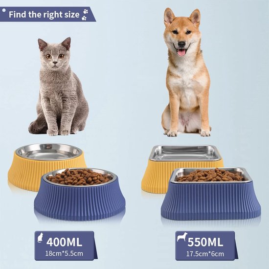 Voederbak voerbak honden katten hondenkom roestvrij staal antislipmat + vergroting van de onderste Basis voerbak voor honden en katten en waterbak (550 ml x 2, blauw)