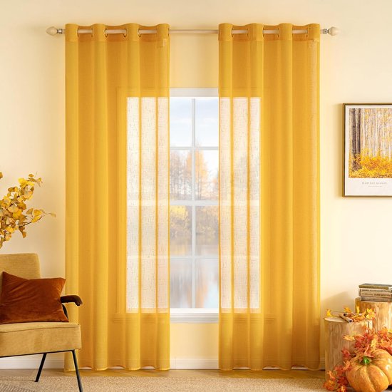Set van 2 voile-gordijnen, met oogjes, transparant linnenlook, gordijn met ogen, voor woonkamer, luchtig, lichtdoorlatend, decoratief gordijn voor de slaapkamer, 140 x 245 cm (b x h), geel