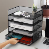 Bureau-organizer, 5 niveaus, papieren brievenbak met lade, opbergvakken, organizer met voor mappen, brieven, papier, metaal, bureau-organizer, dienblad (zwart)