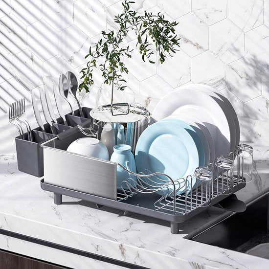 Afdruiprek, roestvrijstalen afdruiprek met antiroestframe, 2 richtingen uitloop afdruiprek ontwerp, verwijderbare 4 compartimenten gebruiksvoorwerphouder voor keuken, grijs