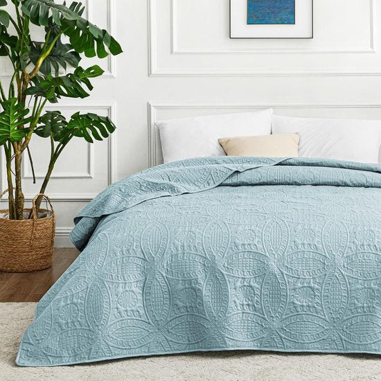 Sprei, 240 x 260 cm, spa, blauw, zacht bed, dekbed, lichte microvezel, sprei, bedsprei, 240 x 260 cm, moderne quilt met muntpatroon, voor alle seizoenen