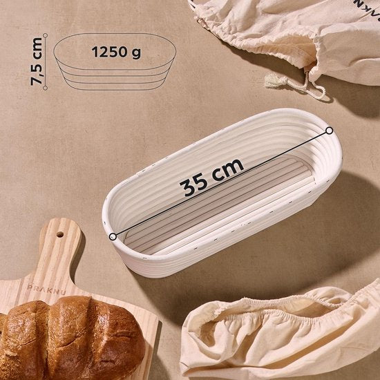 Fermentatiemand voor het bakken van brood - van duurzaam rotan - ovaal - 35 cm - set incl. borstel, linnen inleg & broodzak - geurneutraal