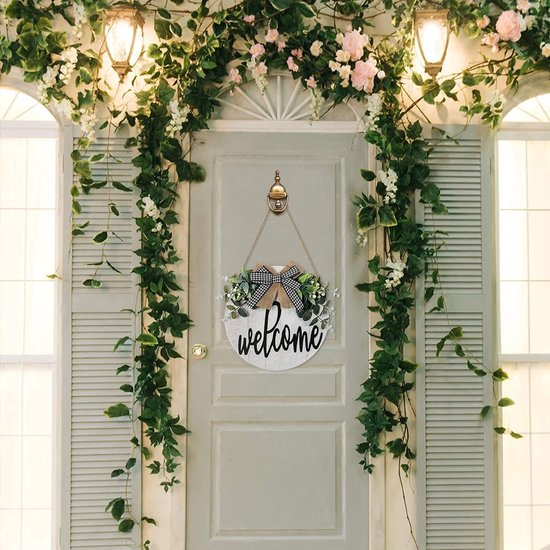 Welkomstbord voor de voordeur, welkomskransen, houten bord voor op de boerderij veranda, decoratief houten deurkrans, zomerse buitenversiering, hangend cadeau, ambachtelijk gemaakt, 30 x 30 cm (wit)