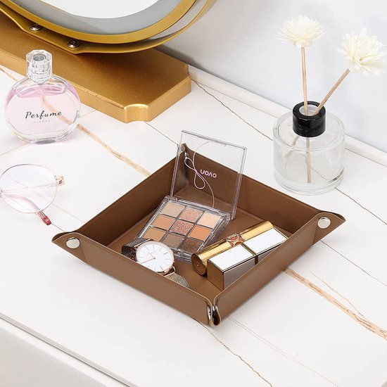 Valet Tray, Mens Women PU Leather Tray Catchall Tray Desktop Jewelry Storage Tray for Wallet Coin Phone, Key Tray for Entryway Table Bathroom, Brown