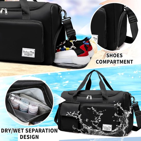 Sporttas voor dames en heren, reistas met schoenenvak en nat vak, groot, opvouwbaar, gymtas, waterdichte zwemtas, lichte trainingstas, jongens, meisjes, duffeltas voor sport, fitness, reizen,