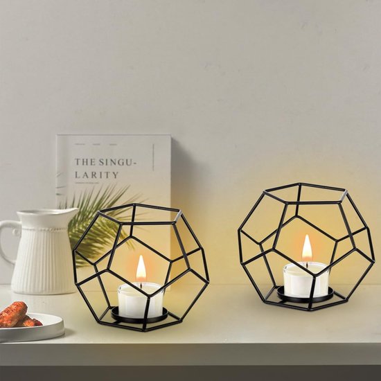 Theelichthouder Kaarshouder Metaal Zwart, 2 stuks Geometrische Theelichtjes Kaarshouder Zwarte Theelichtkaarshouder Lantaarn Moderne Decoratie voor Tafeldecoratie Feest Bruiloft Woonkamer