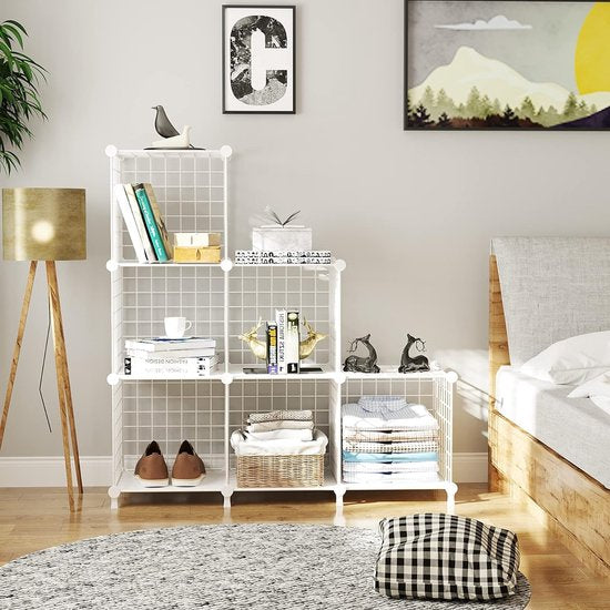 6 Plank Draadkubus Stapelbare Plank Kubus DIY Metalen Raster Plank Kubus Boekenplank Kubus Plank met Deuren voor Woonkamer, Slaapkamer, Badkamer Wit