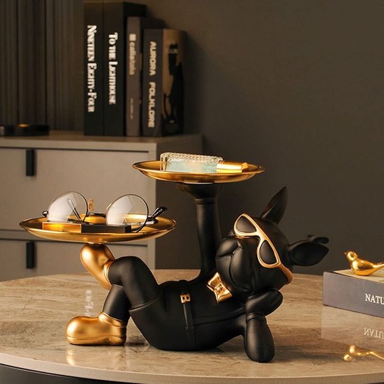 Bulldog Dienblad Decoratief Franse Bulldog Decoratief Figuur Dierbeeldhouwwerk Hondbeeldhouwwerk Hars Decoratief Beeld Desktopornament 23,5 x 20 x 20 cm (zwart)