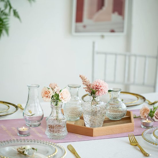 Kleine vaas, glazen bruiloftsvazen, set: vintage bloemenvaas, 5-delig, doorzichtig, decoratie, handgemaakt, mini-glazen vaas, transparant, tafelvaas voor tafeldecoratie bruiloft, thuis, glazen