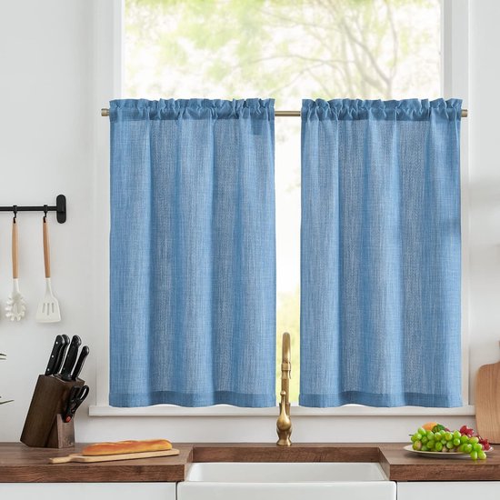 Vitrage bistrogordijn linnenlook raamgordijn gordijn gaas sjaals vitrage halftransparant raamgordijn keuken woonkamer landhuis set van 2 63 B x 60 H (cm) blauw