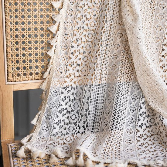 Set of 2 Vintage, Country House Style Crocheted Curtains, Boho Cotton Lace Curtains with Tassels, Curtains for Living Room, Bedroom, Outdoors, 150 x 200 cm, Beige