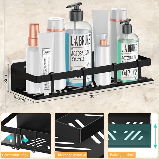 doucheplank zonder boren, 2 stuks roestvrijstalen douchemand met 4 haken, badkamerplank, roestvrije zwarte doucheplank voor badkamer en keuken. Laadvermogen ruim 15KG