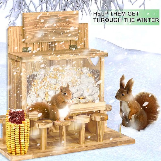 Eekhoorntje, voederhuis van grenenhout, eekhoorntje, voederhuis met maïskolfhouder, eekhoornhuis voor buiten, chipmunk-voederstation voor achtertuin, buiten, tuin (A)