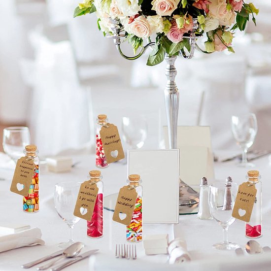 Glazen reageerbuisjes met kurk, 20 ml mini-glazen flessen, kleine reageerbuisjes met hanger, etiketten, trechter, henneptouw, gastgeschenk, bruiloft, feestdecoratie