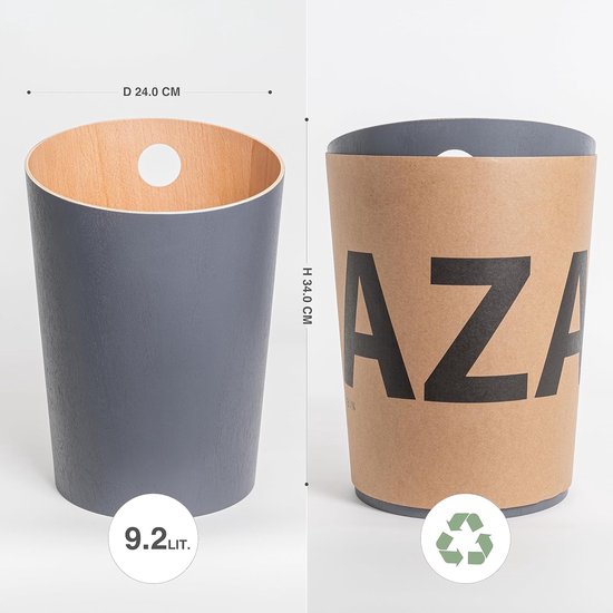 prullenbak 'Bennet', uniek design voor kantoor, slaapkamer, kinderkamer enz. | vuilnisemmer van echt houten Veneer | donkergrijs