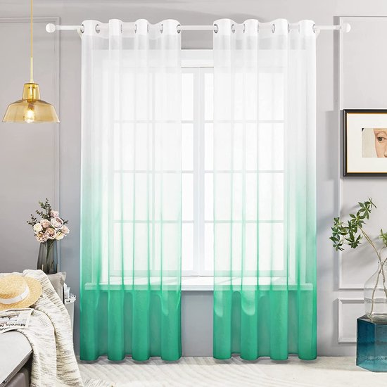 Voile Groen Gordijnen met Ringen 140 x 270 cm(Breedte x Hoogte), Kleurverloop Semi-Clear Transparante Gordijnen voor Woonkamer Slaapkamer Kinderkamer, Set van 2