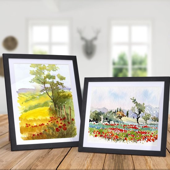 Zwarte fotolijst set van 15, voor 20 x 25 foto's met passe-partout of voor foto's 23 x 28 zonder passe-partout, wand- en tafelopstelling, Mdf