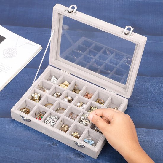 Organizer ring opbergdoos, sieradendoos grijs (24 vakken), fluwelen doos met glazen deksel, 20,2 x 15,1 x 4,6 cm, sieradendoos voor ringen, oorbellen, armbanden, hout, glas