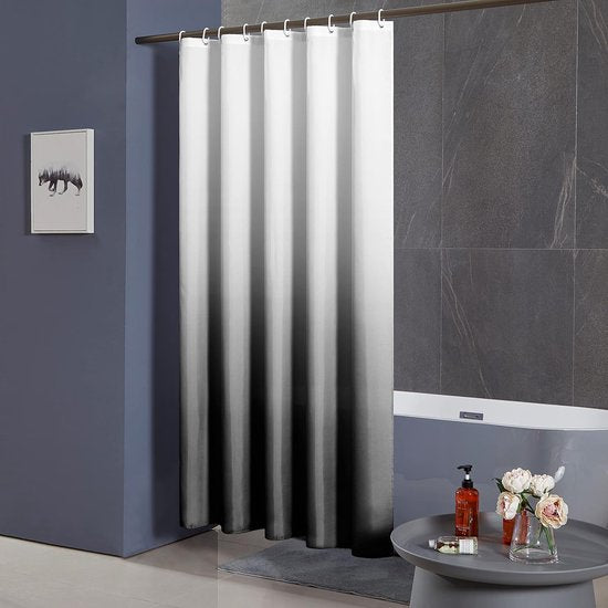 Douchegordijn, textiel, schimmelwerend, waterdicht, wasbaar, badgordijn van polyester, wit naar zwart, smal, 120 x 200 cm, met 8 douchegordijnringen.