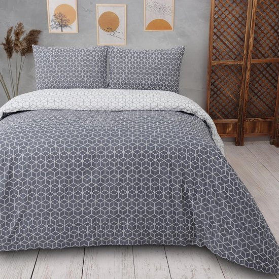beddengoed 240x220 3-delig grijs - Oeko-TEX 80% katoen & 20% polyester, 1x dekbedovertrek met rits + 2x kussensloop 50x80 met envelopsluiting, puzzelmodel
