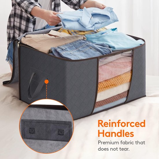 Opbergzakken, 8 stuks, 90 l, opbergdozen met deksel, grote kledingopslag, verhuisdozen, opvouwbare opbergdozen voor dekbedden, kleding, onderbed, kledingkast, grijs