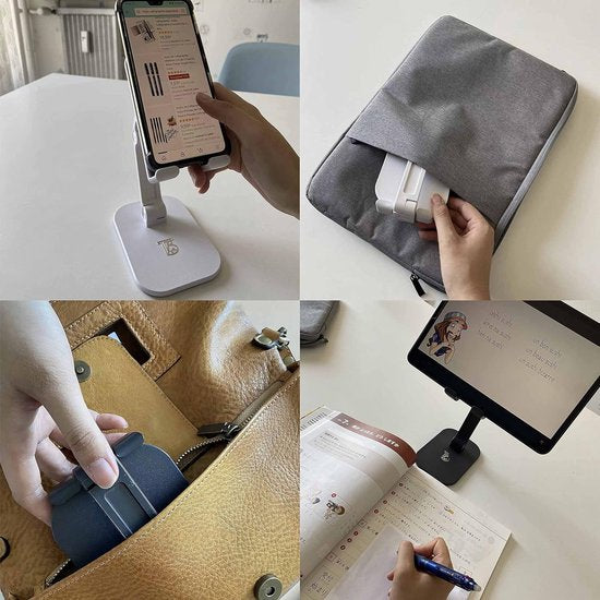 Stabiele standaard voor tablet, iPad en mobiele telefoon; opvouwbaar en verstelbaar, kleur: wit