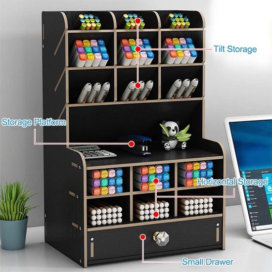 Bureau-organizer van hout met lade, grote capaciteit, opbergdoos, bureau-opbergrek, pennenorganizer, caddies voor kantoor, thuis en schoolbenodigdheden (B16-zwart)