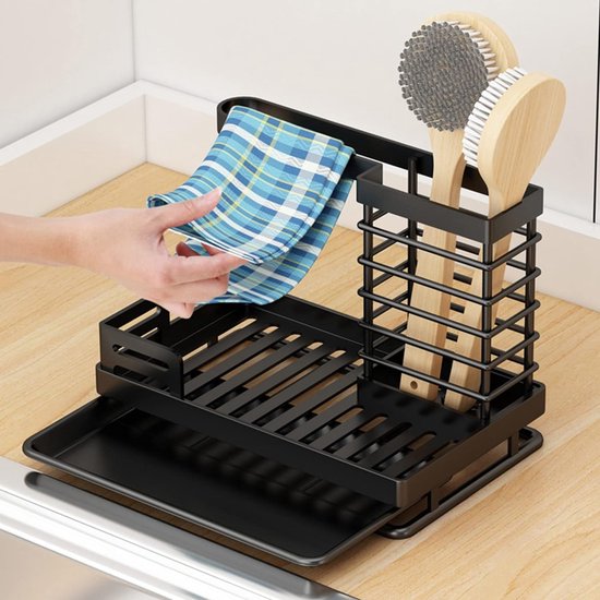 Gootsteenorganizer, keukenorganizer, roestvrijstalen vaatdoekhouder, spoelbakorganizer, keukensponshouder met lekbak voor keukenborstel, vaatdoek, gootsteenorganizer, keuken en badkamer