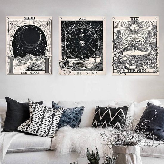 Tarot Wandtapijt set, zon, maan en ster, wanddoek met nagels, zwart-wit katoenen linnen, 40 x 50 cm