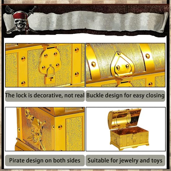 Gouden piratenkist, piratenschatkist, schatkist voor kinderen, kleine schatkist, schatkist met slot, vergulde piratenschatkist, voor verjaardagscadeaus, feestgeschenken, rollenspellen