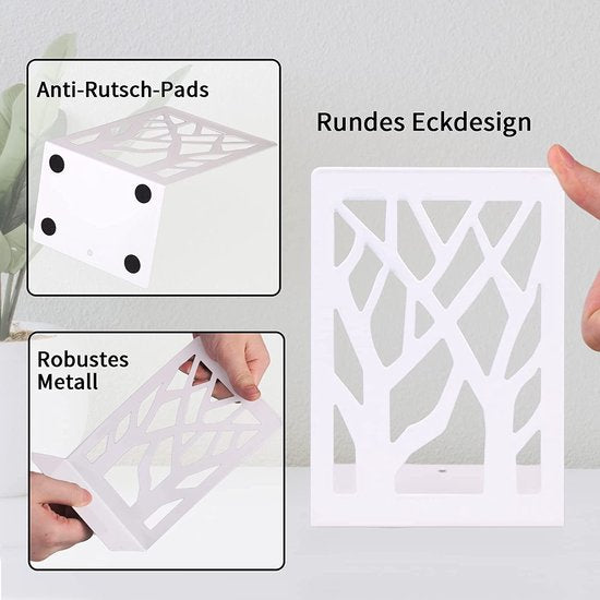 Boeksteun, 3 paar boekensteunen van metaal, boekenhouder, plank, CD, ordnerhouder, DVD, decoratieve letterstandaard voor zware boeken, boekensteunen voor thuiskantoor, boekenstopper, met 1 penhouder (wit)