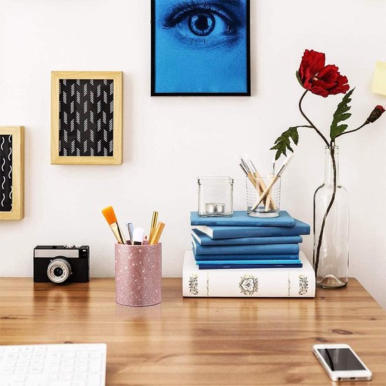 Kinderpotloodhouder, bureaupenhouder, make-upborstelhouder, PU grote vierkante transparante pennenhouder, potloodcontainer-organizer voor kinderen, kantooraccessoires, wastafel, roze