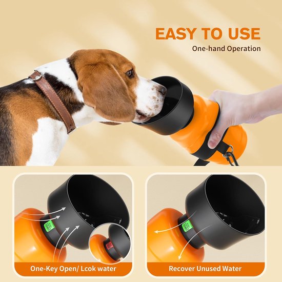 Hondenwaterfles 800 ml, opvouwbare waterfles voor honden en katten, lichtgewicht waterdispenser voor huisdieren voor buiten wandelen, wandelen, reizen, oranje
