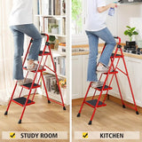 Trapladder, vouwladder met antislip en breed pedaal, kleine ladder met handvat, robuuste stalen ladder, lichtgewicht en draagbare trapladder (rood, 4 treden met leuningen)