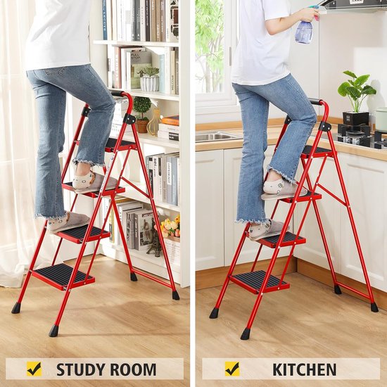 Trapladder, vouwladder met antislip en breed pedaal, kleine ladder met handvat, robuuste stalen ladder, lichtgewicht en draagbare trapladder (rood, 4 treden met leuningen)