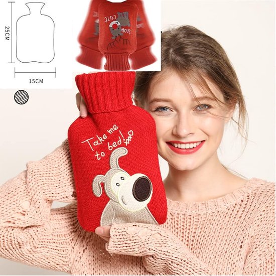 Warmwaterkruik met hoes Premium Hot Water Bottle, 1 l grote capaciteit warmwaterkruik voor pijnverlichting, nek en schouders, rug gezellige nachten voetenwarmer (Lucky Deer Red, 1 l)