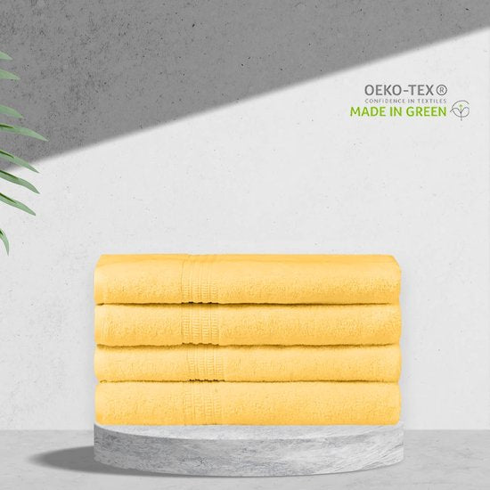 100% biologische katoenen handdoekenset, badhanddoek, hoge kwaliteit, zacht en zeer absorberend, sneldrogend, Oeko-Tex, gemaakt in groen en GOTS-gecertificeerd (4 badhanddoeken, citroengeel)