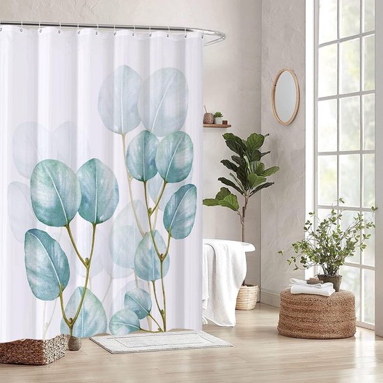 Leaf Shower Curtains with 12 Hooks, Polyester 180 x 180 cm Waterproof Shower Curtain for Bathroom, Weighted Hem, Bathtubs, Hotel Curtain, Machine Washable, Quick Drying