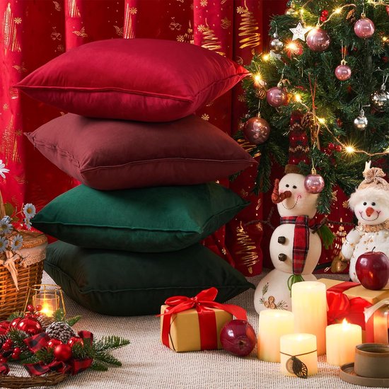 Kerstkussensloop, 30 x 50 cm, groen en rood, set van 4 fluwelen kussenslopen, kussenovertrek, sierkussen, sofakussen, decoratie voor bank, slaapkamer, woonkamer, cadeau, pluizig