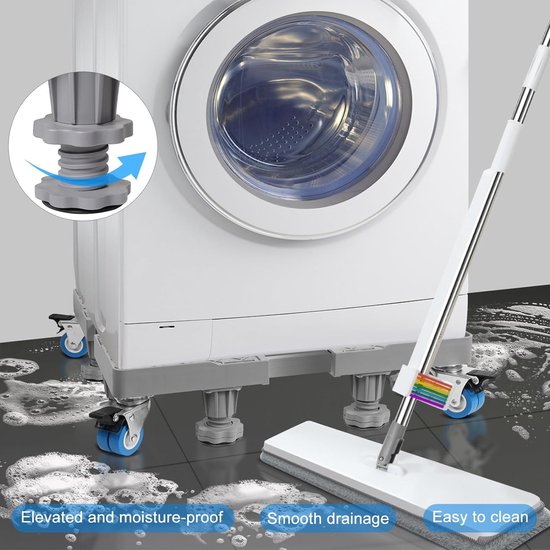 Basisframe wasmachine 8 voet 4 wielen, basisframe wasmachine kan tot 300 kg dragen, maat verstelbaar (41-62 cm), antislip en schokabsorberend, platform voor wasmachine en droger
