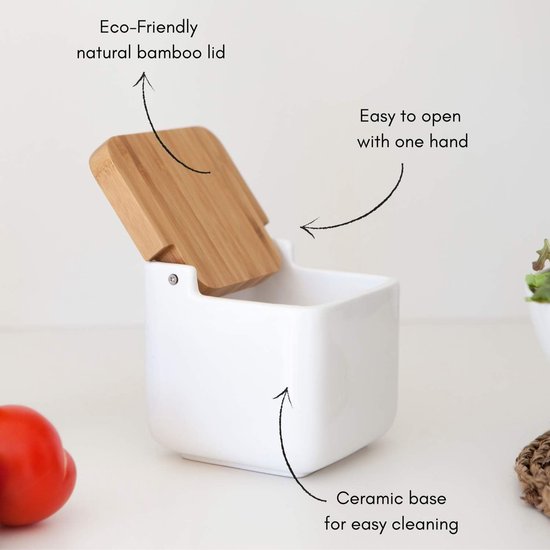 Zoutpot keramiek met klapdeksel van milieuvriendelijk bamboe - praktische zoutpot en zoutcontainer voor de keuken, zoutvat keramiek met deksel, ideaal als zoutpot - wit